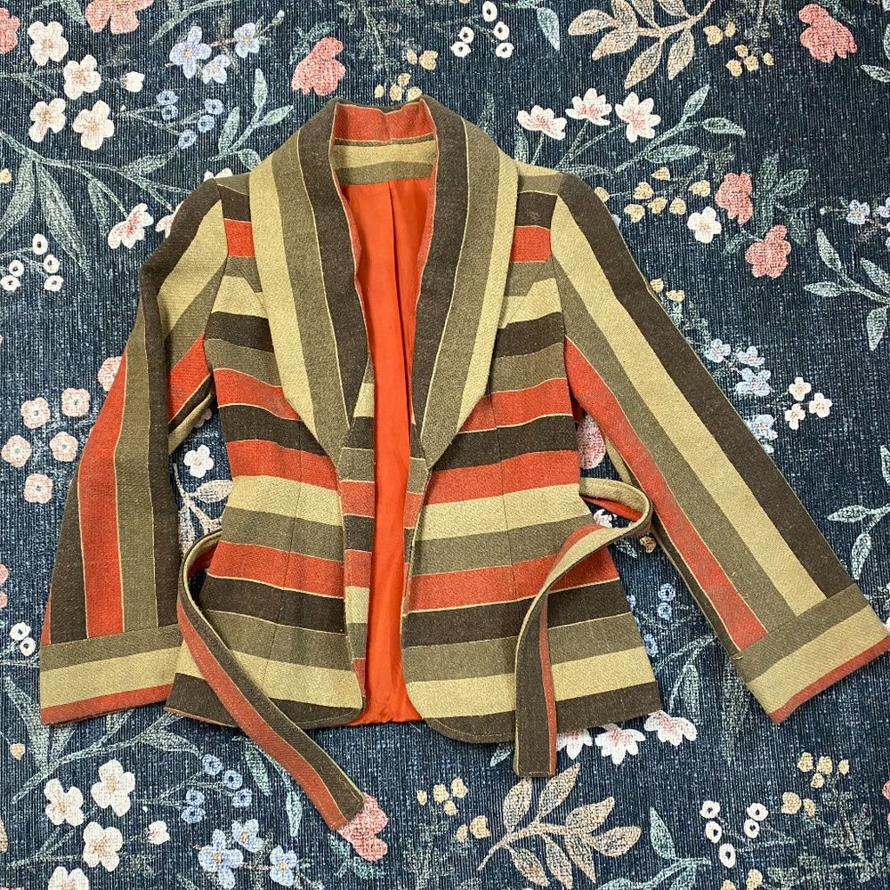 Funky Vintage 1970s Striped Southwestern Serape Jacket, Size Small, Orange Brown